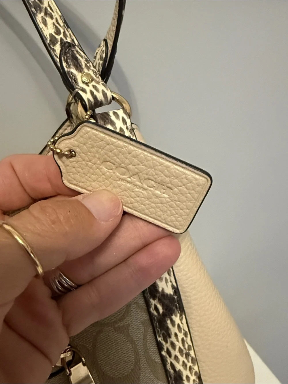 Coach Kristy Signature Beige Canvas Shoulder Bag with Snake-Print Trim